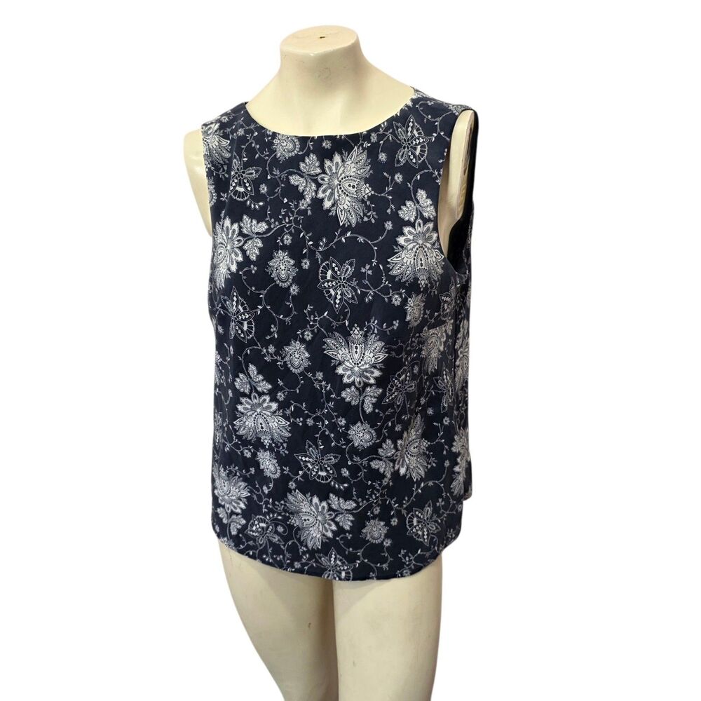 Evan Picone Silk Sleeveless‎ Blouse Womens 14 Navy Floral Lined Career Shell Top